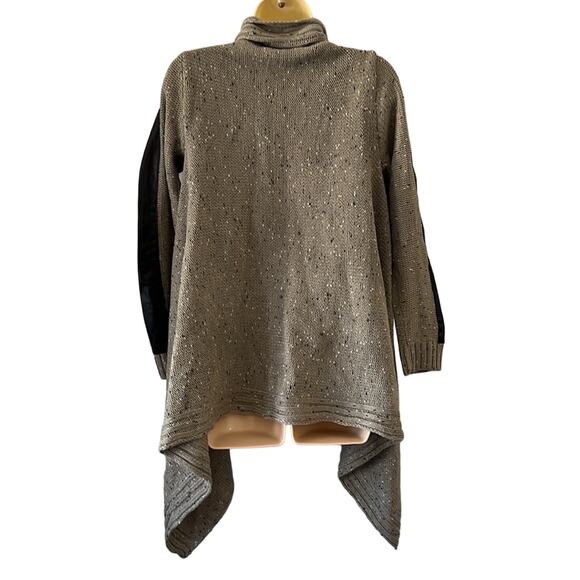Yaira Taupe Flecked Cardigan Sweater with Black Faux Leather Accents Size Large - Picture 3 of 11